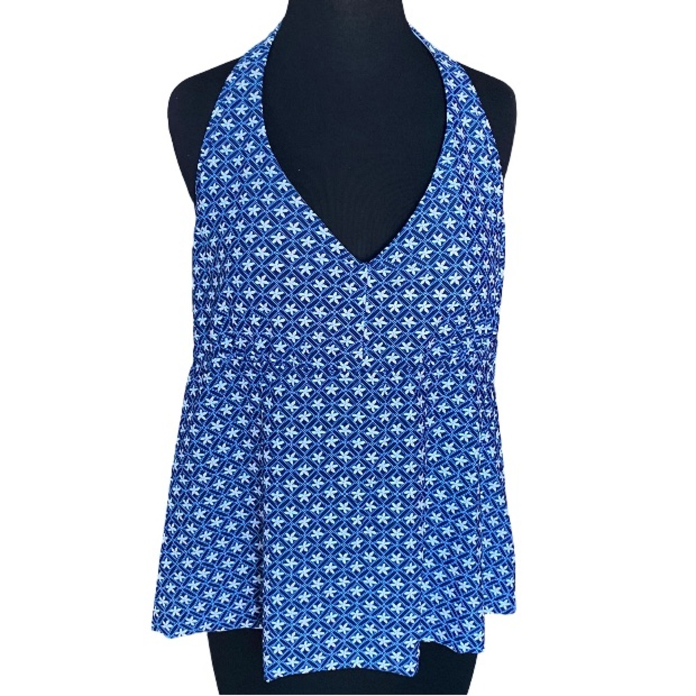 NWT Lands' End blue patterned halter top open back tankini top size large 14-16